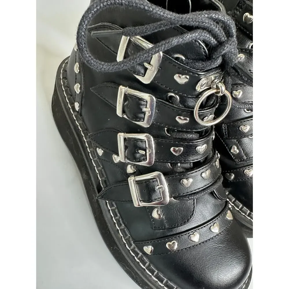 Demonia Emily 315 Boots Womens 7 Black Platform Heart Studs Buckle Strap Lace Up